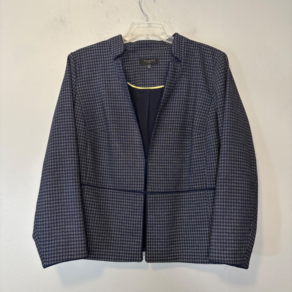 Talbots Plus 16W Navy Grey Houndstooth Peplum Open Front Blazer Jacket Stretch